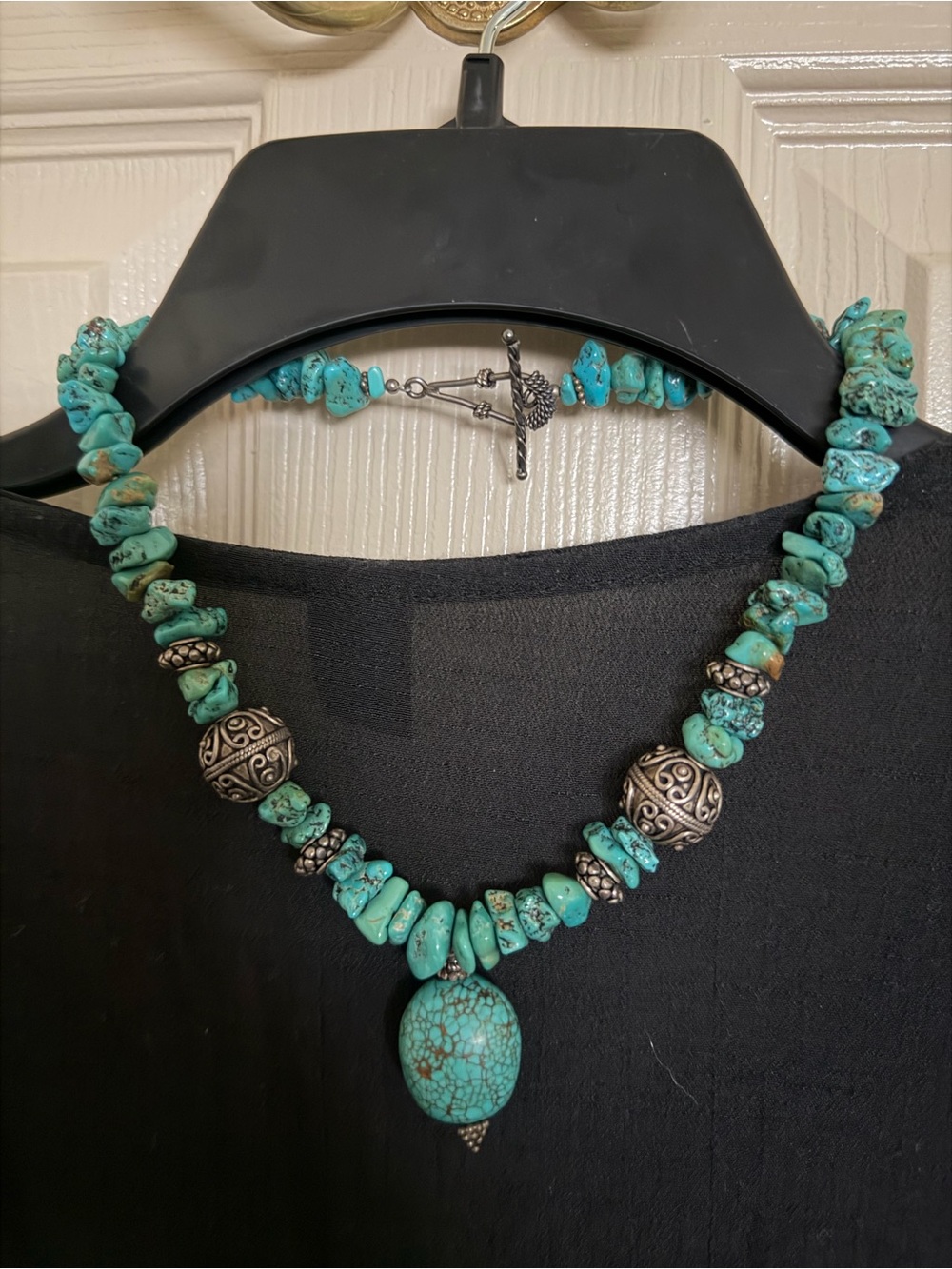 Turquoise Stone Bead Necklace with Silver Accent Beads - Women Jewelry